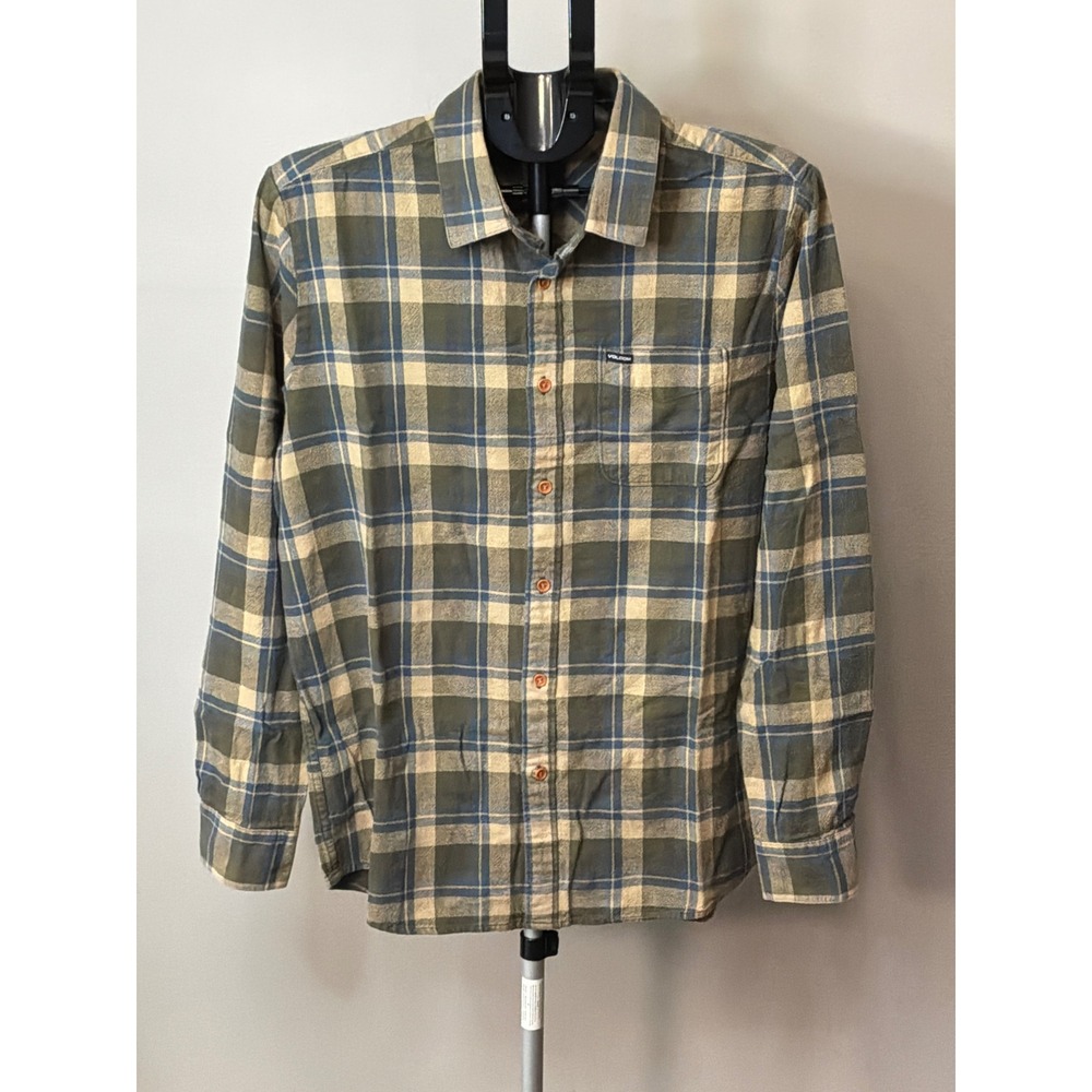 Volcom Plaid Flannel Shirt Green Blue Modern Fit Gorpcore Outdoor Men's L